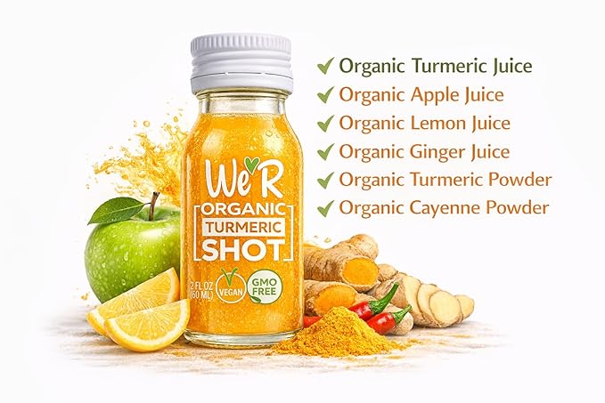 WE'R Organic TURMERIC Shot Certified Organic &amp Non-GMO. 2Fl Oz Each (12 Pack / 24Fl Oz Total)