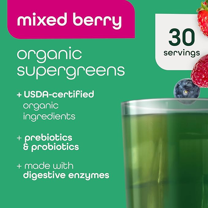 Zena Nutrition Liquid Collagen Peptides and Biotin Mixed Berry 20.3 Fl Oz + Organic Supergreens Greens Powder 70+ Superfoods Mixed Berry 30 Servings