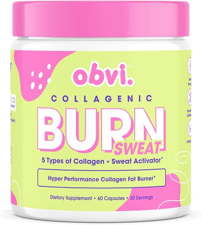 Obvi Collagenic Burn Sweat | Thermogenic Collagen with GBB &amp Green Tea | Supports Sweat &amp Metabolism | 5 Types of Collagen for Hair Skin &amp Joints | 60 Capsules