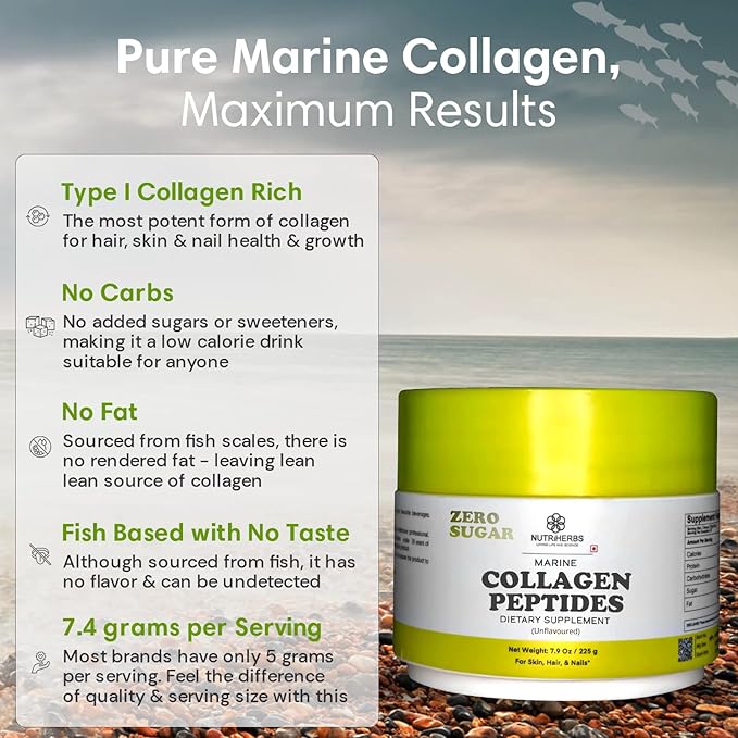 Nutriherbs Hydrolyzed Marine Collagen Peptides Powder | Type 1 Protein Supplement | Unflavored Dietary Supplement | Supports Skin Elasticity Joint Function Hair Growth &amp Healthy Nails | 30 Servi