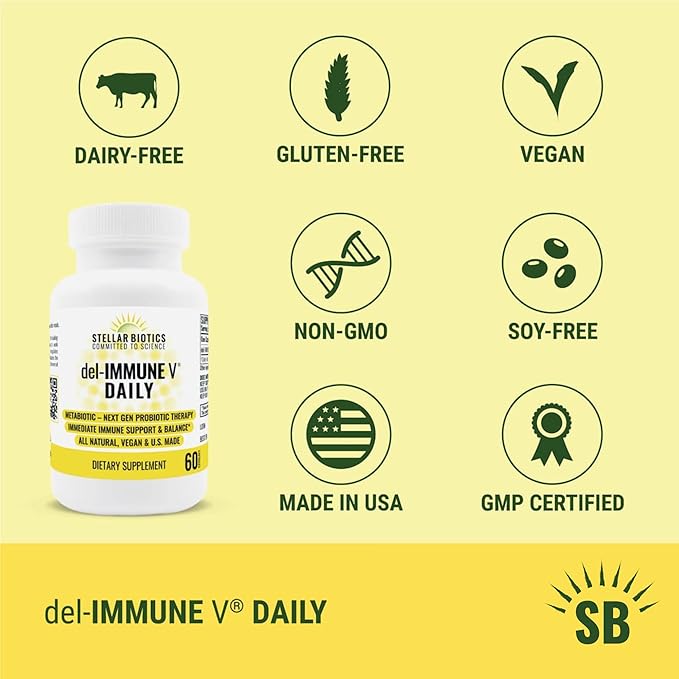 Del-Immune V Daily by Stellar Biotics All-Natural Immune Support &amp Gut Health Immediate Care Metabiotic: NextGen Probiotic Therapy (60 Caps)
