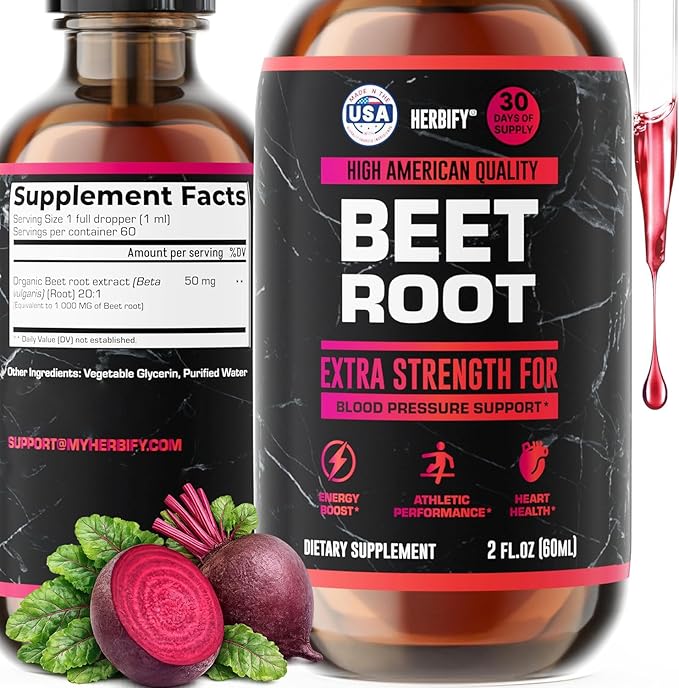 HERBIFY Beet Root Extract - Blood Pressure Supplement &amp Nitric Oxide Booster - Beetroot Supplement for Heart Health and Energy Booster for Men &amp Women (30 Days Supply) Made in USA 2 FL Oz