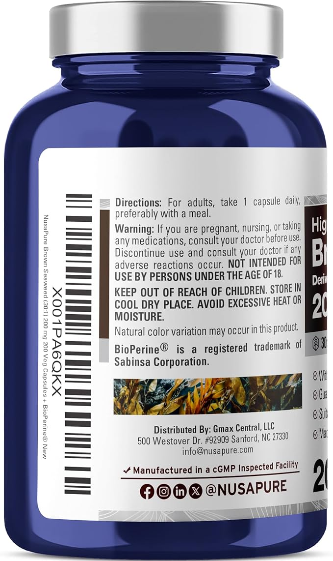 NusaPure Brown Seaweed Capsules 200 mg 200 Veg Capsules (Non-GMO Vegan)
