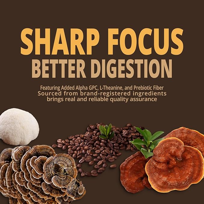 Mushroom Coffee K Cup – Focus &amp Gut-Health with 14-Mushrooms Vitamins L-Theanine and Alpha GPC Single Serve Pods - No Crash or Jitters 16 Count