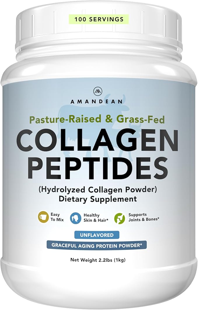 AMANDEAN Collagen Peptides Powder 1kg. Grass-Fed Enzymatically Hydrolyzed Type 1 &amp 3. Agglomerated Easy to Mix Unflavored Non-GMO. Protein with 18 Amino Acids for Healthy Skin Hair Nails.