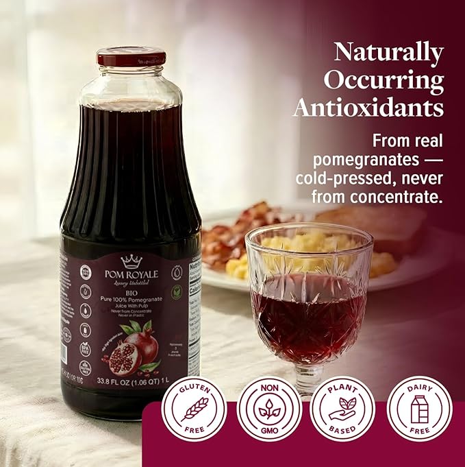 Pure Pomegranate Juice with Pulp 33.8oz Glass Bottle (Pack of 4) Cold Pressed Juice Not from Concentrate Non-GMO No Sugar Added Gluten Free Kosher Certified Preservative Free