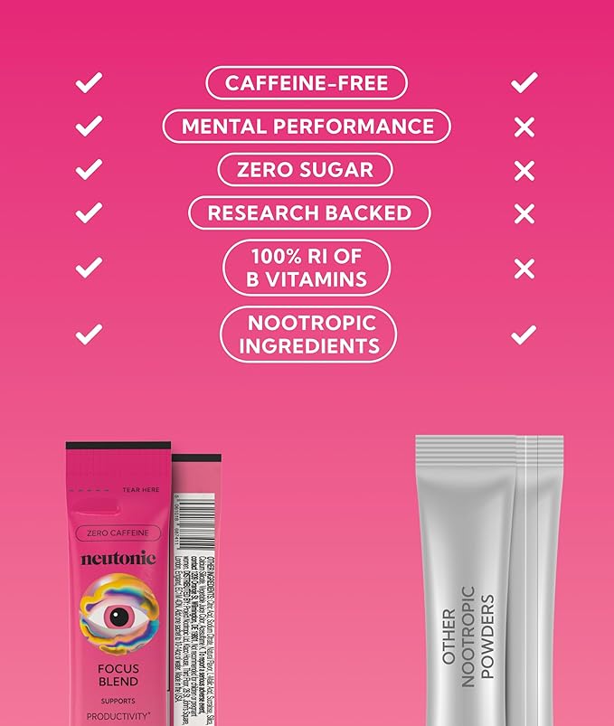Neutonic Nootropic Focus Blend Powder | Wild Berry 16 Sticks | Caffeine Free Zero Sugar | Support Memory Mental Clarity Cognitive Function | Boost Focus Energy Brain Health