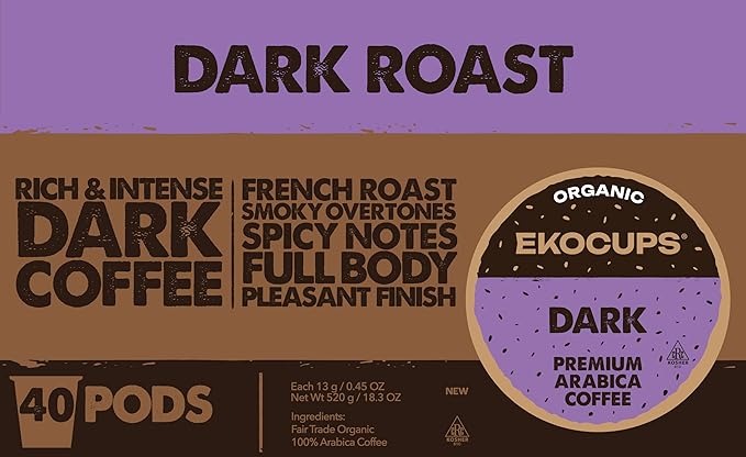 EKOCUPS Organic Dark Roast Coffee Pods Strong Bold Dark Roast Flavor - USDA Certified Organic - Single Serve Cups for Keurig K Cups Coffee Makers Box of 40 Recyclable Capsules