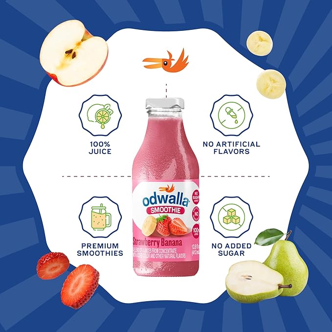 Odwalla Smoothie - Fruit Smoothie Mix Ready to Drink Juice Blend No Added Sugar No preservatives - 13.9 oz Glass Bottles - Strawberry Banana
