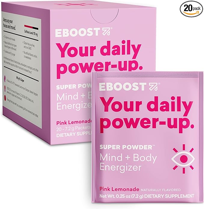 EBOOST Super Powder Drink Mix - Pink Lemonade 0.2 oz 20 Pack Hydration Energizer Electrolytes Powder - 13 Vitamins &amp Minerals - 110 mg Caffeine - 0 Added Sugar - No Artificial Flavors or Sweetener