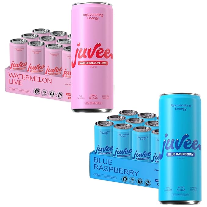 Watermelon Lime &amp Blue Raspberry Juvee Rejuvenating Energy Drink – 12 oz Cans 12-Pack Each – Sugar Free 127–128mg Natural Caffeine per Can Zero Sugar Low Calorie Clean Energy &amp Mental Foc
