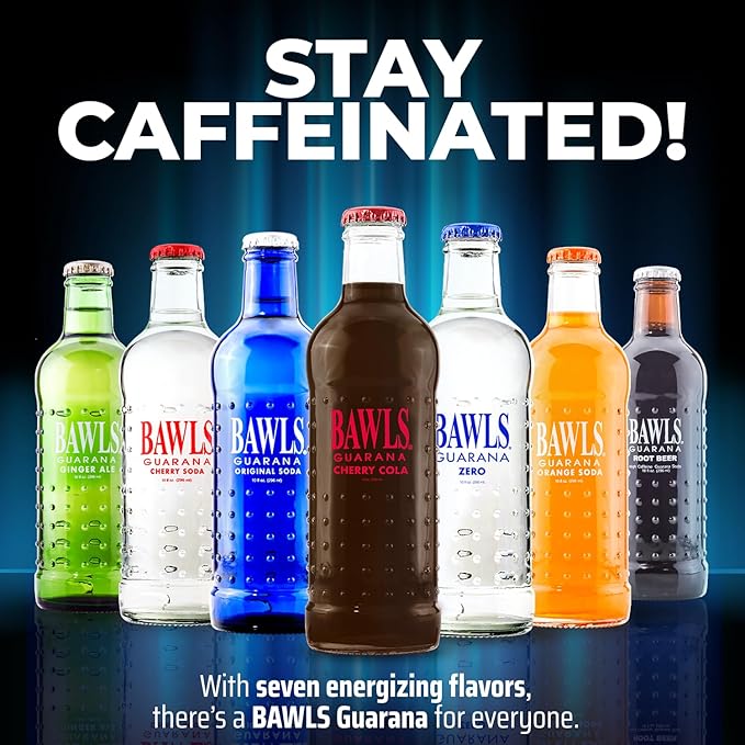 BAWLS Guarana Cherry Cola BAWLS Guarana Drink Guarana Soda Guarana Fueled Soda for Energy High Energy Caffeinated Drink 10oz 12 Pack Glass Bottles