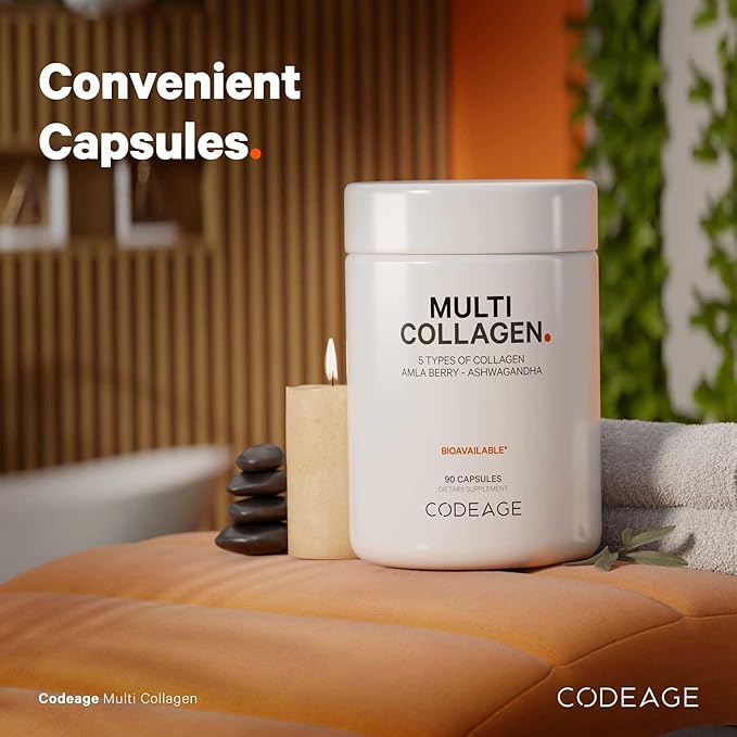 Codeage Multi Collagen Peptides Protein Capsules 5 Collagen Types Grass-Fed &amp Hydrolyzed Bovine Collagen Pills Supplement Ashwagandha Amla Berry Vitamins Collagen Peptides - 90 Capsules