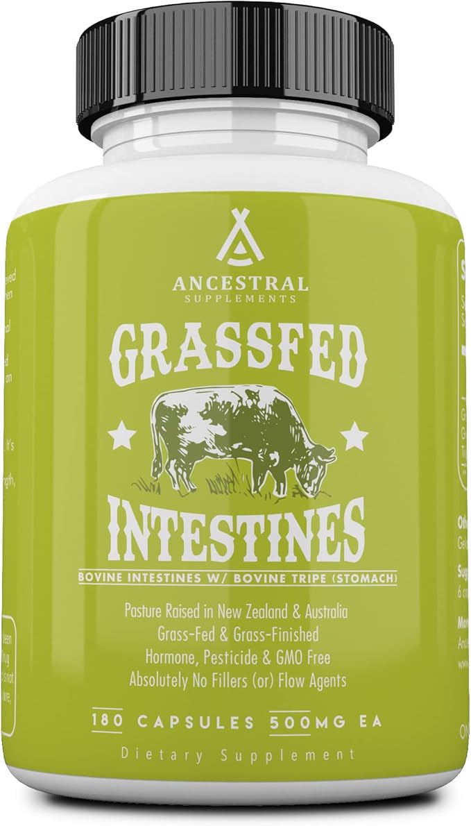 Ancestral Supplements Grass Fed Beef Intestines with Stomach (Tripe) 3000mg Digestion Supplement Supports Acid Reflux and Gut Intestine and Digestive Health Non GMO 180 Capsules
