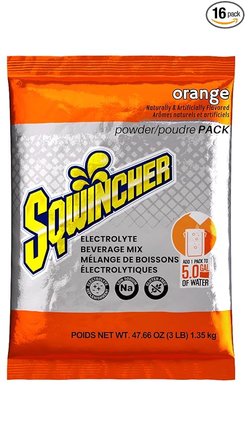 Sqwincher Powder Pack| Orange Flavored | Low Calorie | Low Sodium | Electrolyte Replenishment Hydration Drink Mix | Just Add to 5 Gallons of Water | 47.66 oz packet (pack of 16)