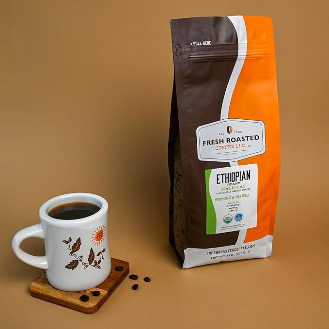 Fresh Roasted Coffee Organic Ethiopian Sidamo Water-Processed Half-Caf | USDA Organic 100% Single Origin Kosher | Medium Roast 2 lb (32 oz) Ground