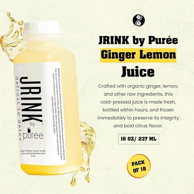 JRINK by Purée Ginger Lemon Juice Cold Pressed Juice Cleanse with Organic Lemon Ginger Detox Drink from Raw Fruit and Vegetable No Preservatives Healthy Cleanse 16oz Bottles 18 Pack