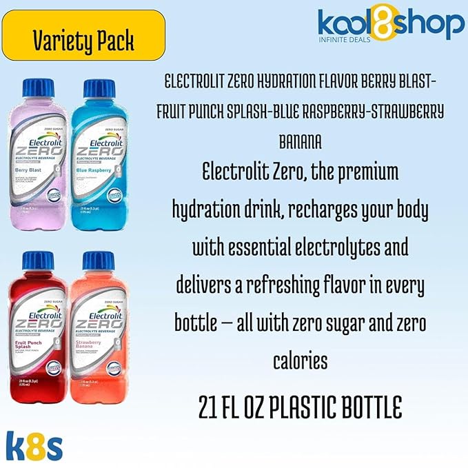 Electrolit Zero Variety Pack Hydration Drink With Electrolytes 21 fl oz Plastic Bottle 9 Pack + 1 Microfiber Cooling Towel by KOOL8SHOP Infinite Deals