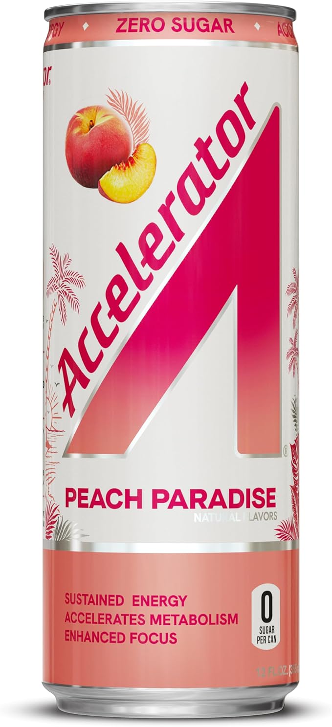 Accelerator Energy Drink Peach Paradise 12oz can (12 pack) Zero Sugar Sustained Energy from 100% Natural Caffeine (200mg from Green Coffee Bean &amp Green Tea extract)