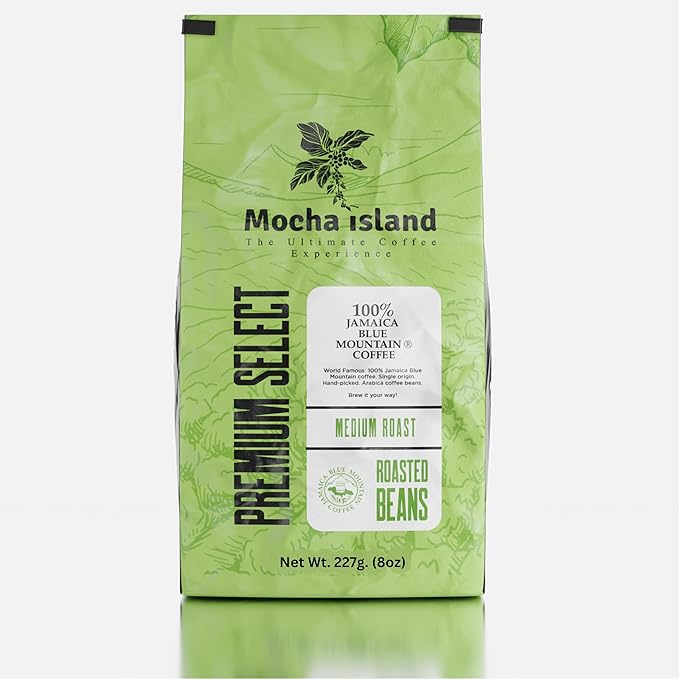 Mocha Island Blue Mountain Coffee from Jamaica Medium Roast Whole Beans (8oz)