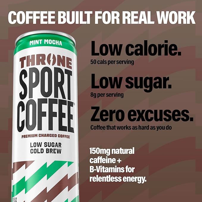 Throne Sport Coffee Cold Brew – Low Sugar. 150mg Natural Caffeine and B Vitamins – Dairy-Free Low Calorie –Premium Arabica NSF Certified Active Lifestyles – Mint Mocha 12 Pack