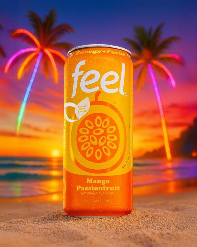 FEEL Zero Sugar Natural Energy Drink – Mango Passionfruit 140mg Plant-Based Caffeine with L-Theanine for Focus Vitamin C for Immunity Vegan Non-GMO No Artificial Sweeteners 12 Fl Oz Cans (12-Pac