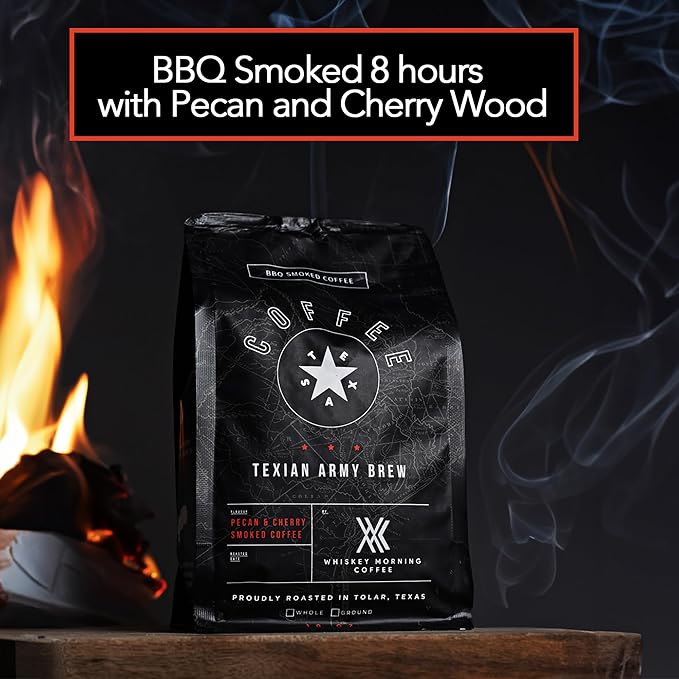 Whiskey Morning Coffee Texian Army Brew Double Smoked Whole Bean Coffee Fire Roasted with Pecan Wood &amp Cold Smoked with Cherry Wood Small Batch Texas Roasted Bold &amp Smooth Medium Roast 10