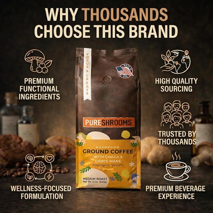 PureShrooms Focus &amp Create Mushroom Coffee – Ground Arabica Blend with Organic Lion's Mane &amp Chaga for Enhanced Focus Memory and Immune Support – 340g