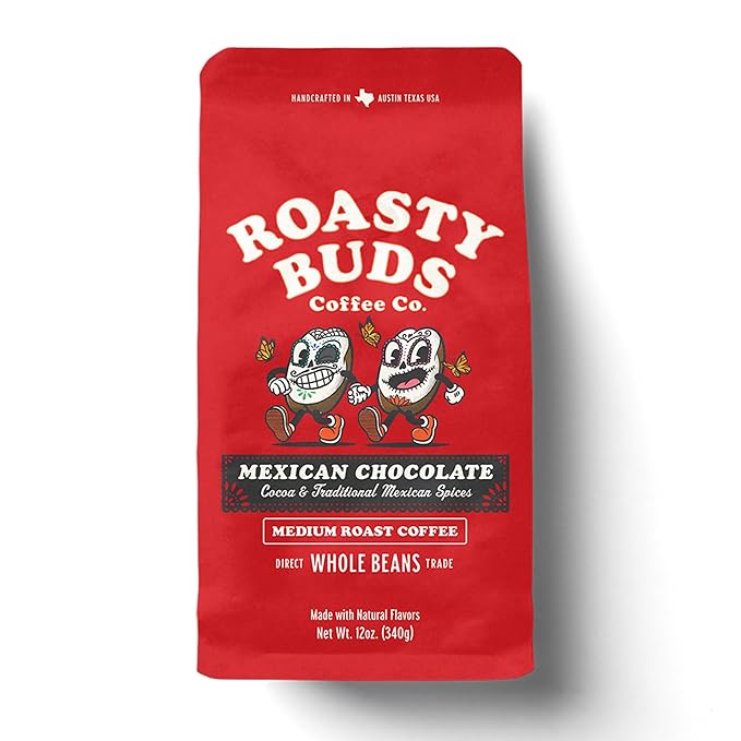 Roasty Buds Mexican Chocolate Whole Bean | Café Mexicano 100% Arabica Coffee Natural Cinnamon Flavors (12 oz) | Gluten-Free Non-GMO No Sugar | Medium Roast (12 Ounce Mexican Chocolate Whole Bean)