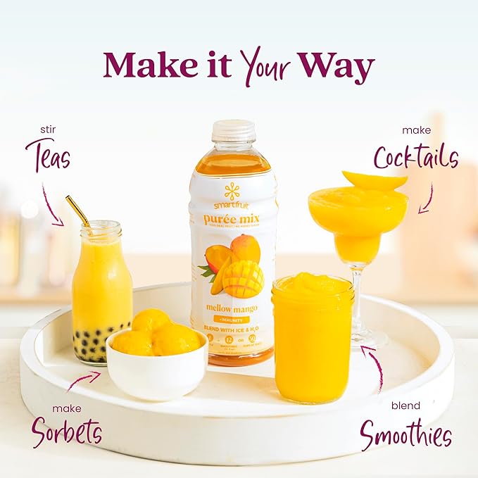 Smartfruit Mellow Mango + Immunity – 100% Real Fruit Purée with Mango Banana Apple &amp Pineapple – Great for Smoothies Juice Yogurt Cocktails Teas – High in Vitamin C Selenium &amp Zinc – 48