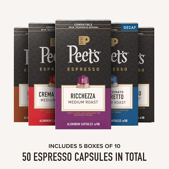 Peet's Coffee Dark and Medium Roast Espresso Capsules Variety Pack with Decaf Compatible with Nespresso Original Machine Arabica Coffee - Intensity 8-11 50 Count (5 Boxes of 10 Espresso Capsules)