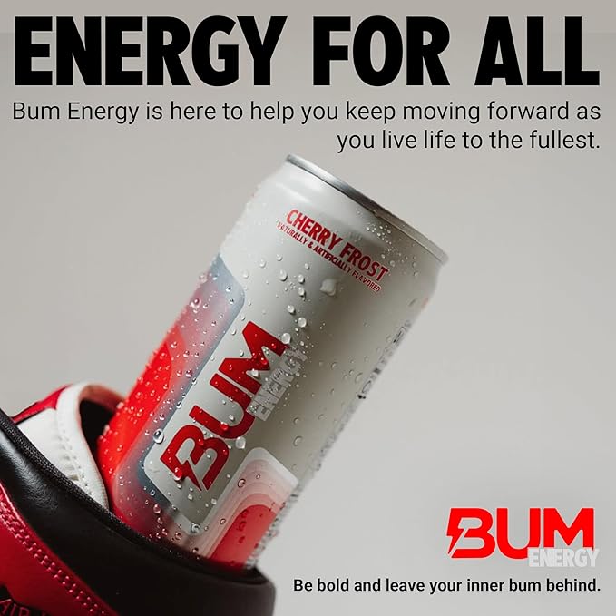 BUM Sugar-Free Energy Drink Cherry Frost - Lightly Carbonated &amp No Artificial Colors Natural Caffeine &amp Citicoline for Energy &amp Focus Brain Boost &amp Workout Sports Beverage - 12 oz