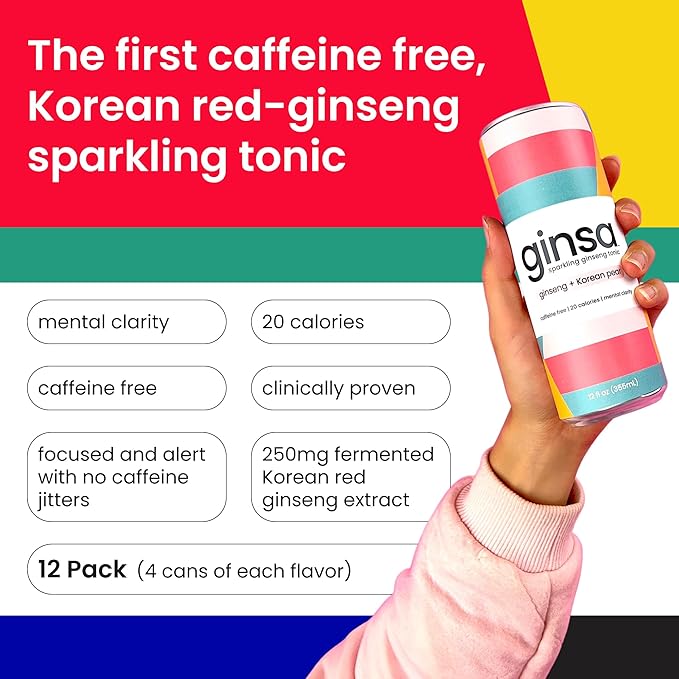 ginsa Sparkling Ginseng Energy Drink with Korean Red Ginseng | Natural Energy Booster | Non-GMO Supports Focus &amp Clarity with Pure Ginseng Root No Caffeine | Variety 12 pack | 12oz