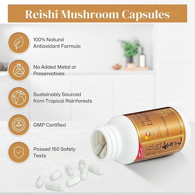 Vita Green Lingzhi Mushroom Supplement (五色靈芝) – Pure Reishi with Natural Antioxidants for Wellness Energy and Immune Support for Men &amp Women – 72 Capsules