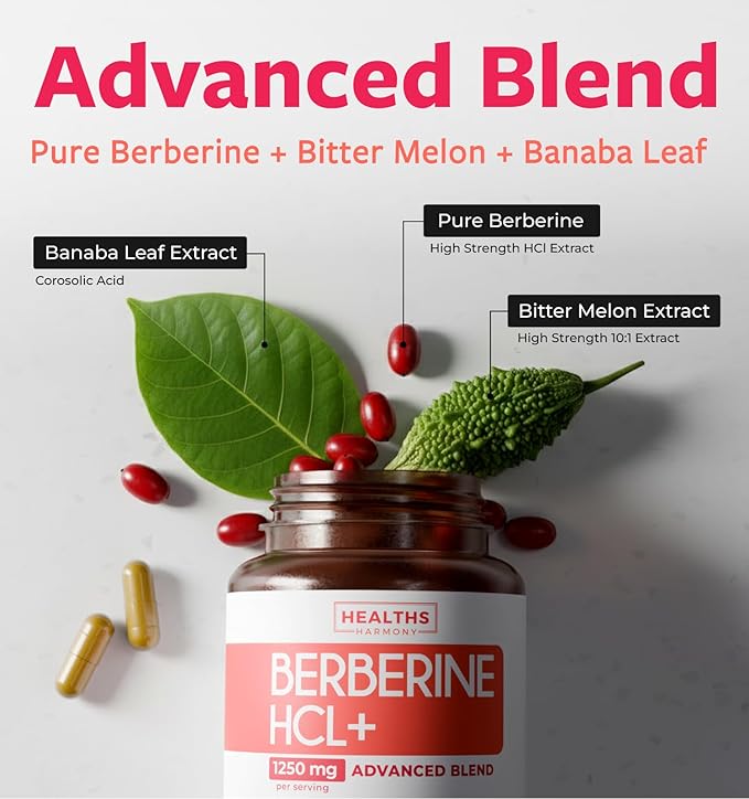 Berberine Supplement (Non-GMO &amp Vegetarian) Berberine HCL Plus Bitter Melon &amp Banaba Leaf Extract Capsules - Berberine 500mg Each 1000mg Per Serve - AMPK Metabolic Activator - 120 Caps (No Pi