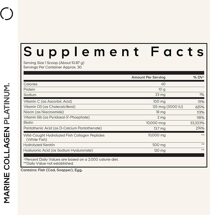 Codeage Marine Collagen Protein Powder Supplement Platinum - Biotin 10000 mcg Vitamin C D3 &amp B6 Keratin Hyaluronic Acid Niacin Wild Caught Hydrolyzed Fish Collagen Peptides - Non-GMO - 11.5