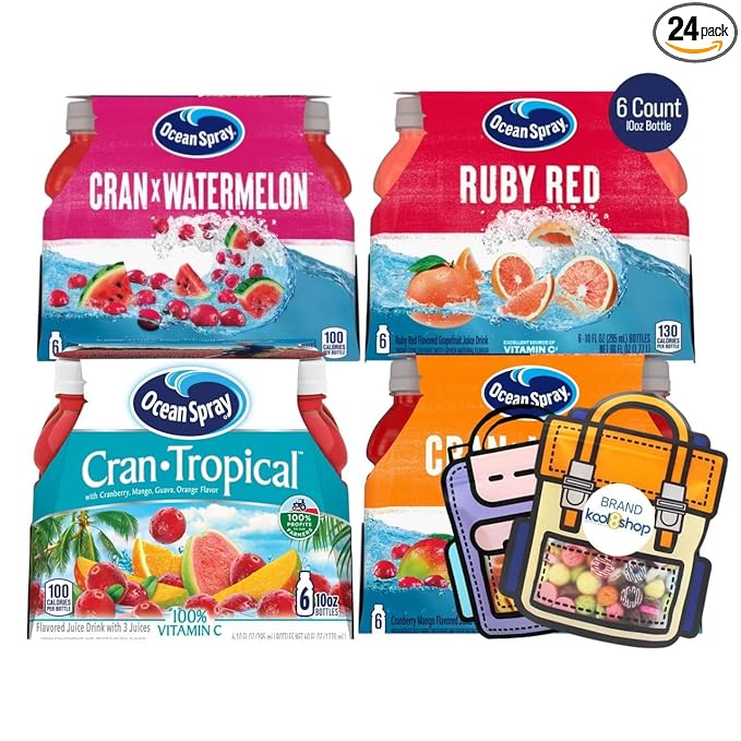 Ocean Spray Tropical Varied Fruit Juice Drink 10 fl oz Plastic Bottles 24 Pack + 2 Reusable Snack Bags by KOOL8SHOP Infinite Deals