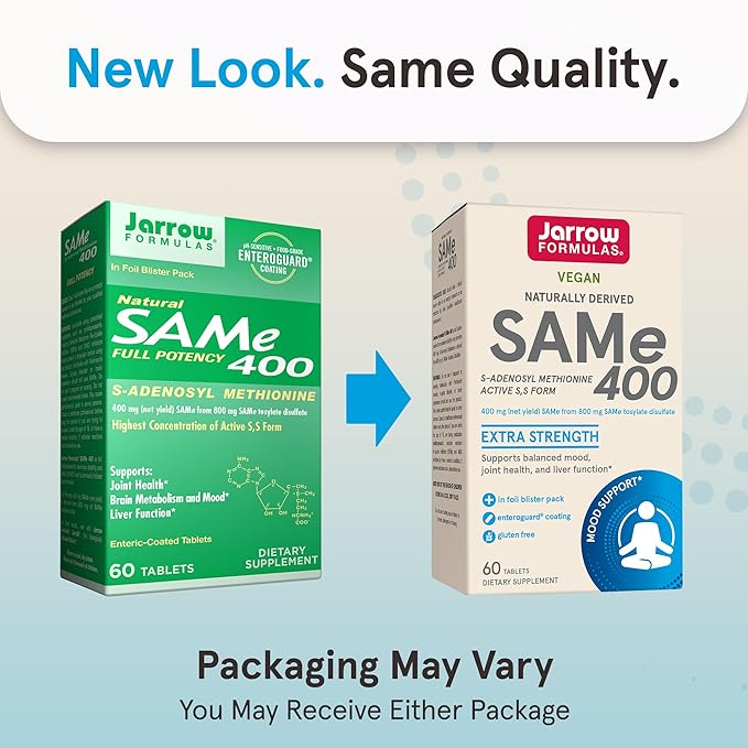 Jarrow Formulas SAMe Supplement 400 mg - 60 Tablets - High Concentration of Active SS Form - Supports Joint Health Liver Function Brain Metabolism Balanced Mood &amp Antioxidant Defense - 60 Serv