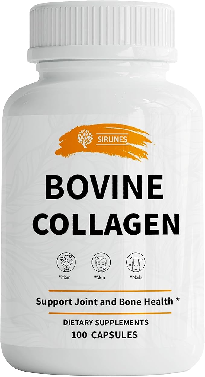 SIRUNES Bovine Collagen Supplements for Men and Women I Hydrolyzed Grass Fed Bovine Collagen Peptides Dietary Supplement for Joint Nerve &amp Bone Support - Non-GMO Anti-Aging - 100 Capsules