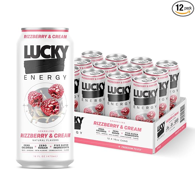 Lucky Energy Sugar Free Energy Drinks Rizzberry and Cream 16oz Cans (12-Pack) Healthy Zero Sugar Energy Drink with Maca Ginseng Beta-Alanine Taurine &amp 200mg Caffeine