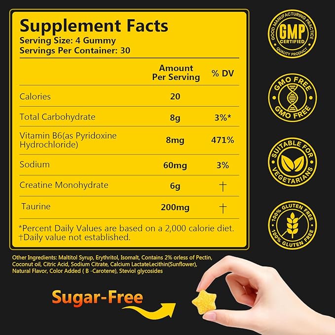 Creatine Gummies Sugar-Free with 6000 mg Creatine Monohydrate Creatine for Women and Men Contains Vitamin B6 &amp Taurine 120 Gummies