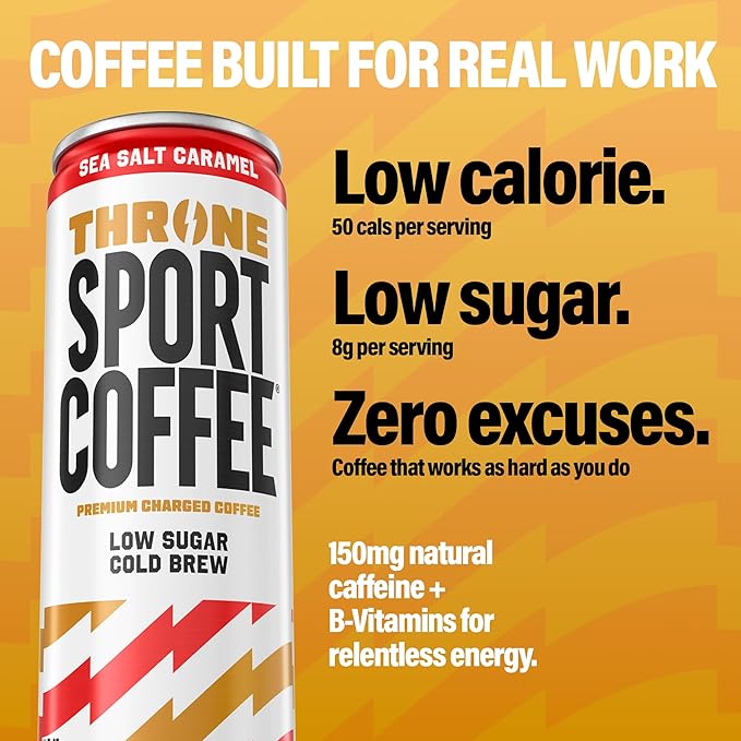 Throne Sport Coffee Cold Brew – Low Sugar. 150mg Natural Caffeine and B Vitamins – Dairy-Free Low Calorie –Premium Arabica NSF Certified Active Lifestyles – Sea Salt Caramel 12 Pack