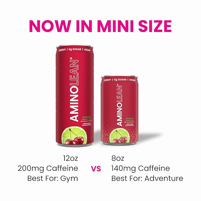 AminoLean Energy Drink MINIS – Sugar Free Anytime Energy with Natural Caffeine &amp Vegan Amino Acids for No Jitters Tingles or Crash Cherry Lime 8 oz 12 Pack