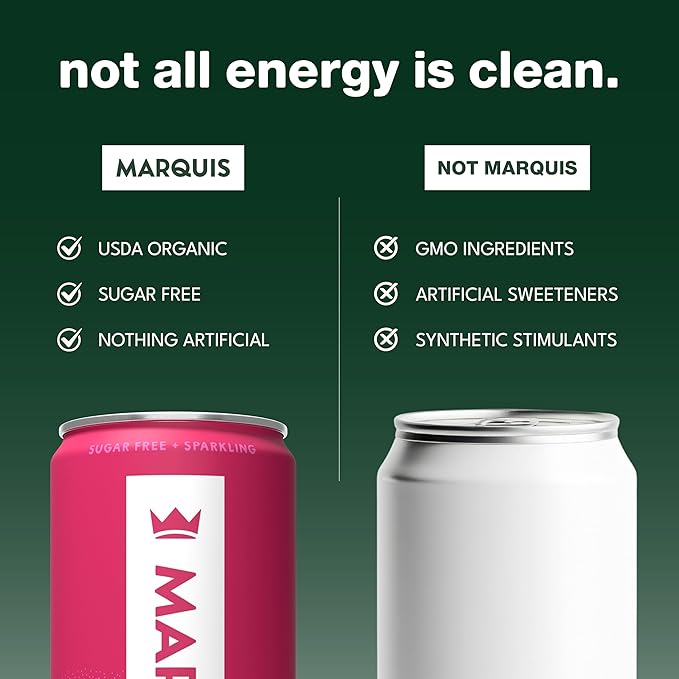 Marquis Natural Energy Drinks Sugar Free Zero Calories - 100mg Organic Plant Based Caffeine Yerba Mate Green Tea &amp Green Coffee - Vitamin C &amp Bs - Super Berry Healthy Energy Drink - 12oz Cans