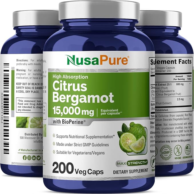 NusaPure Citrus Bergamot Capsules 15000mg 200 Capsules - 25:1 Bergamot Extract - 200 Servings Bioperine Vegan Non-GMO (Pack of 2)