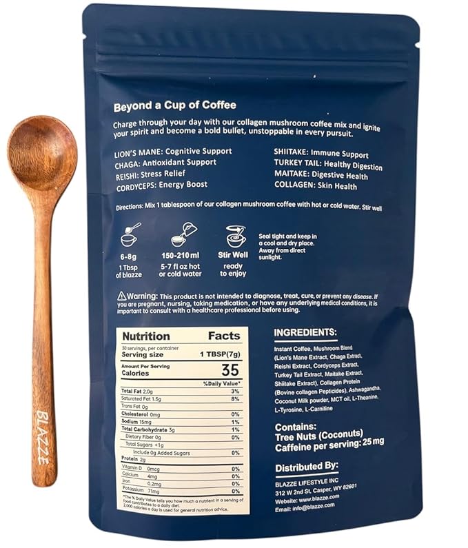 Collagen Mushroom Coffee with Ashwagandha – 2000mg Mushrooms 2000mg Collagen &amp 1000mg Ashwagandha – Adaptogenic Coffee for Focus Calm &amp Skin Health – 30 Servings