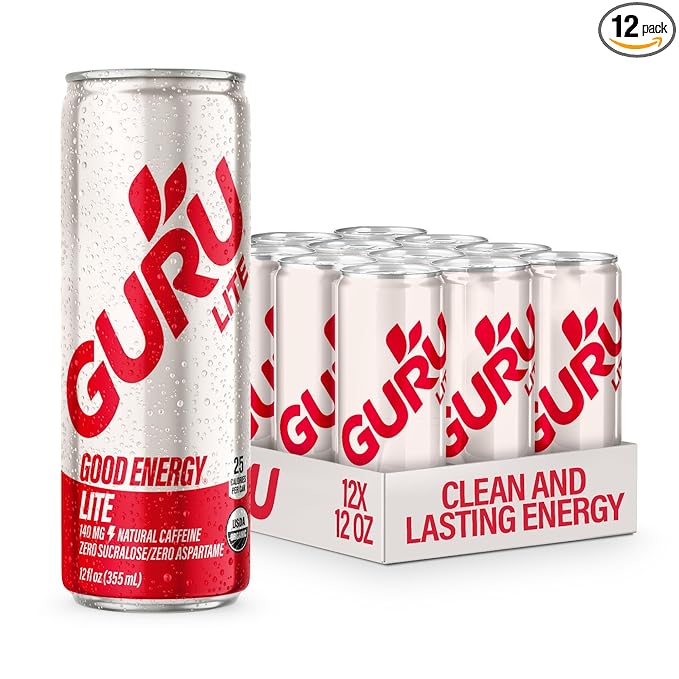 GURU Lite Organic Energy Drinks Clean Energy Drink with Plant Based Natural Caffeine from Green Tea Low Calorie Gluten Free and Vegan 140MG Caffeine Healthy Drinks 12oz (Pack of 12)