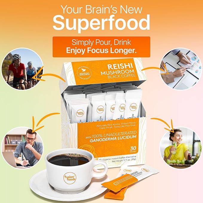 Reishi Mushroom Black Coffee by fusion foods™ | All Natural Unadulterated Reishi Mushroom Ganoderma | Robust Aroma &amp Taste - 30 counts