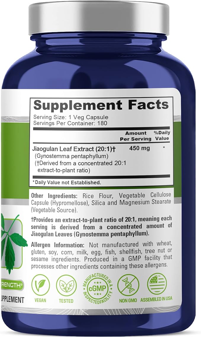 NusaPure Jiaogulan Capsules 450 mg 180 Veg Capsules (Non-GMO Vegan)