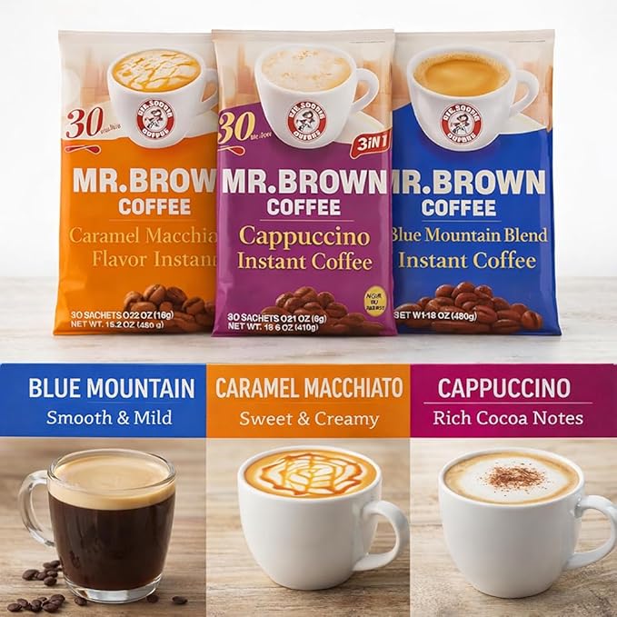 Mr. Brown Premium Instant Coffee Variety Pack - 3 Flavors (Blue Mountain Caramel Macchiato Cappuccino) - 90 Total 3-in-1 Coffee Mix Sachets - Sweet &amp Creamy